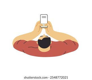 Writing people, modern flat vector concept illustration- sitting man thoughtfully writing on laptop, top view. Metaphor for reflection, insight, contemplation, creative expression