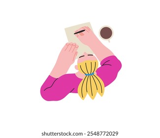 Escrevendo pessoas, ilustração de conceito de vetor plano moderno - mulher sentada cuidadosamente escrevendo no papel, vista de cima. Metáfora para reflexão, insight, contemplação, expressão criativa