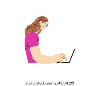 Writing people, modern flat vector concept illustration- sitting woman thoughtfully writing on laptop. Metaphor for reflection, personal insight, contemplation, creative expression