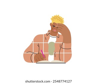 Writing people, modern flat vector concept illustration- sitting man thoughtfully writing on notebook. Metaphor for reflection, personal insight, contemplation, creative expression
