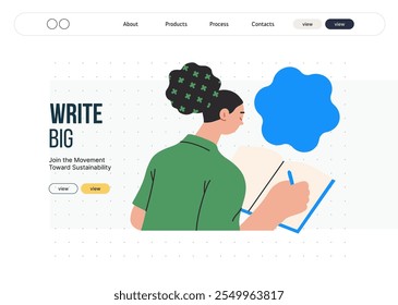 Writing people, modern flat vector concept illustration- sitting woman thoughtfully writing on notebook, bubble near head Metaphor for reflection, personal insight, contemplation, creative expression