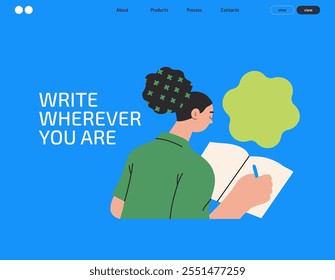 Writing people, modern flat vector concept illustration- sitting woman thoughtfully writing on notebook, bubble near head Metaphor for reflection, personal insight, contemplation, creative expression