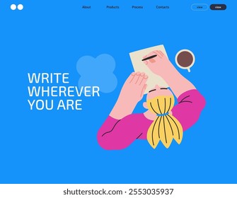 Writing people, modern flat vector concept illustration- sitting woman thoughtfully writing on paper, bubble near head, top view. Metaphor for reflection, insight, contemplation, creative expression