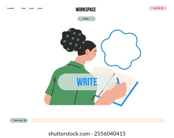 Writing people, modern flat vector concept illustration- sitting woman thoughtfully writing on notebook, bubble near head Metaphor for reflection, personal insight, contemplation, creative expression