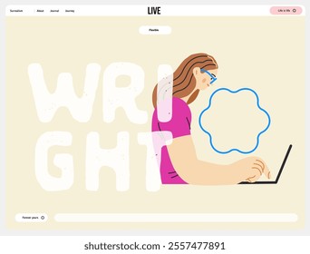 Writing people, modern flat vector concept illustration- sitting woman thoughtfully writing on laptop, bubble near head Metaphor for reflection, personal insight, contemplation, creative expression