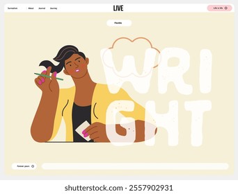 Writing people, modern flat vector concept illustration- sitting woman thoughtfully writing on paper, bubble near head Metaphor for reflection, personal insight, contemplation, creative expression