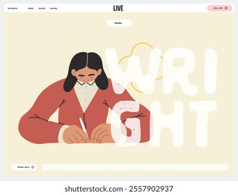 Writing people, modern flat vector concept illustration- sitting woman thoughtfully writing on paper, bubble near head Metaphor for reflection, personal insight, contemplation, creative expression