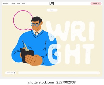 Writing people, modern flat vector concept illustration- standing man thoughtfully writing on clipboard, bubble near head Metaphor for reflection, personal insight, contemplation, creative expression