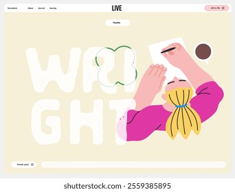 Writing people, modern flat vector concept illustration- sitting woman thoughtfully writing on paper, bubble near head, top view. Metaphor for reflection, insight, contemplation, creative expression