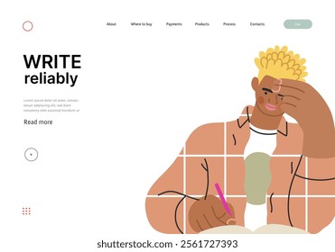 Writing people, modern flat vector concept illustration- sitting man thoughtfully writing on notebook. Metaphor for reflection, personal insight, contemplation, creative expression