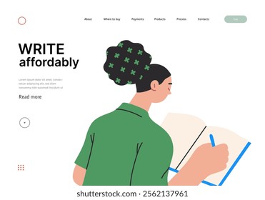 Writing people, modern flat vector concept illustration- sitting woman thoughtfully writing on notebook. Metaphor for reflection, personal insight, contemplation, creative expression