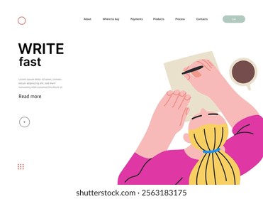 Writing people, modern flat vector concept illustration- sitting woman thoughtfully writing on paper, top view. Metaphor for reflection, insight, contemplation, creative expression