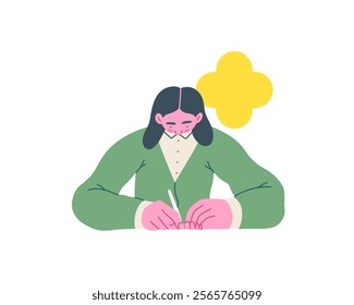 Writing people, modern flat vector concept illustration- sitting woman thoughtfully writing on paper, bubble near head Metaphor for reflection, personal insight, contemplation, creative expression