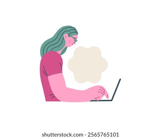 Writing people, modern flat vector concept illustration- sitting woman thoughtfully writing on laptop, bubble near head Metaphor for reflection, personal insight, contemplation, creative expression