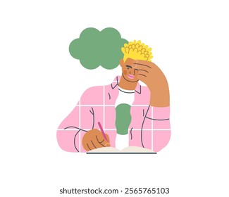 Writing people, modern flat vector concept illustration- sitting man thoughtfully writing on notebook, bubble near head Metaphor for reflection, personal insight, contemplation, creative expression
