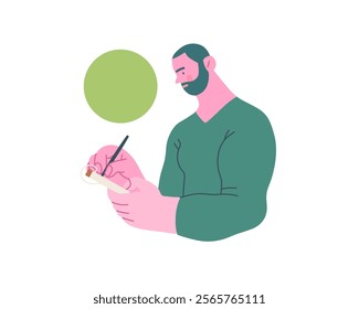 Writing people, modern flat vector concept illustration- standing man thoughtfully writing on notebook, bubble near head Metaphor for reflection, personal insight, contemplation, creative expression