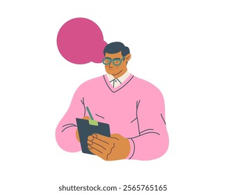 Writing people, modern flat vector concept illustration- standing man thoughtfully writing on clipboard, bubble near head Metaphor for reflection, personal insight, contemplation, creative expression