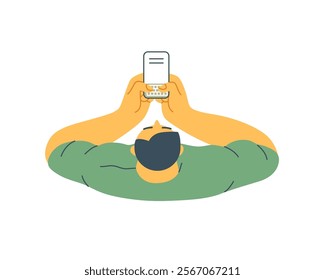 Writing people, modern flat vector concept illustration- sitting man thoughtfully writing on laptop, top view. Metaphor for reflection, insight, contemplation, creative expression