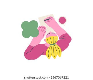 Writing people, modern flat vector concept illustration- sitting woman thoughtfully writing on paper, bubble near head, top view. Metaphor for reflection, insight, contemplation, creative expression