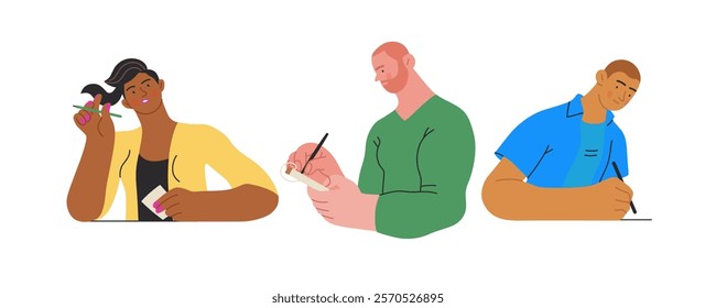 Writing people, modern flat vector concept illustrations set people writing on paper or device. Metaphor for reflection, insight, contemplation, creative expression