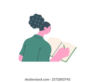 Writing people, modern flat vector concept illustration- sitting woman thoughtfully writing on notebook. Metaphor for reflection, personal insight, contemplation, creative expression