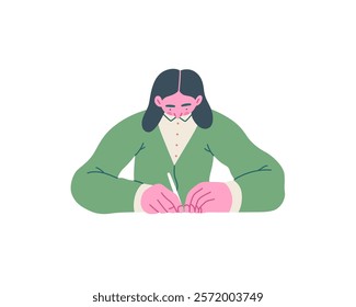 Writing people, modern flat vector concept illustration- sitting woman thoughtfully writing on paper. Metaphor for reflection, personal insight, contemplation, creative expression