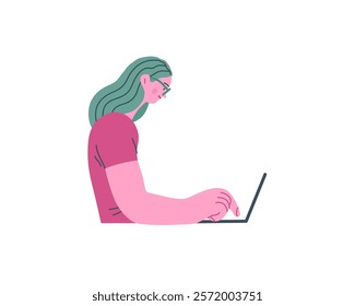 Writing people, modern flat vector concept illustration- sitting woman thoughtfully writing on laptop. Metaphor for reflection, personal insight, contemplation, creative expression