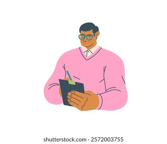 Writing people, modern flat vector concept illustration- standing man thoughtfully writing on clipboard. Metaphor for reflection, personal insight, contemplation, creative expression