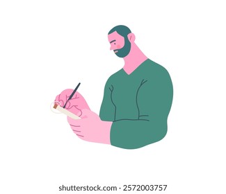 Writing people, modern flat vector concept illustration- standing man thoughtfully writing on notebook. Metaphor for reflection, personal insight, contemplation, creative expression