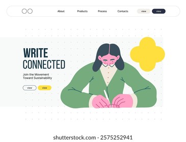 Writing people, modern flat vector concept illustration- sitting woman thoughtfully writing on paper, bubble near head Metaphor for reflection, personal insight, contemplation, creative expression