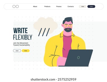Writing people, modern flat vector concept illustration- sitting man thoughtfully writing on laptop, bubble near head Metaphor for reflection, personal insight, contemplation, creative expression