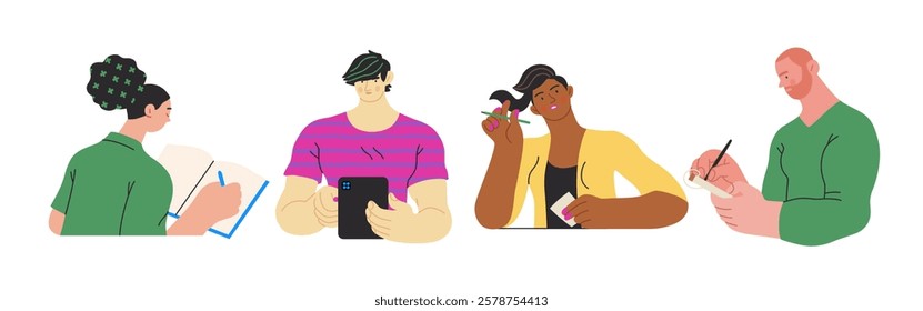 Writing people, modern flat vector concept illustrations set people writing on paper or device. Metaphor for reflection, insight, contemplation, creative expression