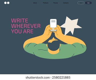 Writing people, modern flat vector concept illustration- sitting man thoughtfully writing on laptop, bubble near head, top view. Metaphor for reflection, insight, contemplation, creative expression