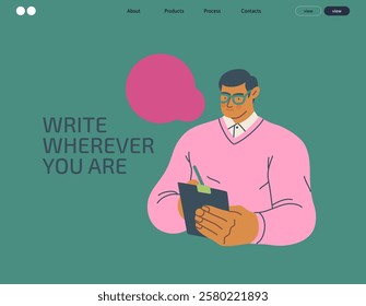 Writing people, modern flat vector concept illustration- standing man thoughtfully writing on clipboard, bubble near head Metaphor for reflection, personal insight, contemplation, creative expression