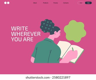 Writing people, modern flat vector concept illustration- sitting woman thoughtfully writing on notebook, bubble near head Metaphor for reflection, personal insight, contemplation, creative expression