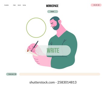 Writing people, modern flat vector concept illustration- standing man thoughtfully writing on notebook, bubble near head Metaphor for reflection, personal insight, contemplation, creative expression