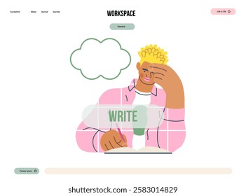 Writing people, modern flat vector concept illustration- sitting man thoughtfully writing on notebook, bubble near head Metaphor for reflection, personal insight, contemplation, creative expression