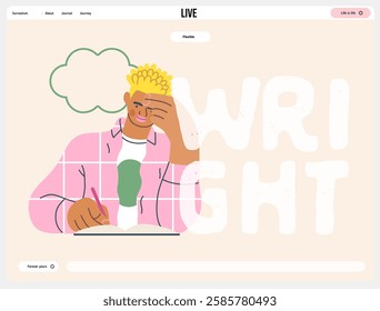 Writing people, modern flat vector concept illustration- sitting man thoughtfully writing on notebook, bubble near head Metaphor for reflection, personal insight, contemplation, creative expression