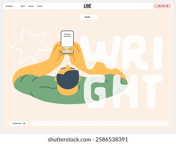 Writing people, modern flat vector concept illustration- sitting man thoughtfully writing on laptop, bubble near head, top view. Metaphor for reflection, insight, contemplation, creative expression