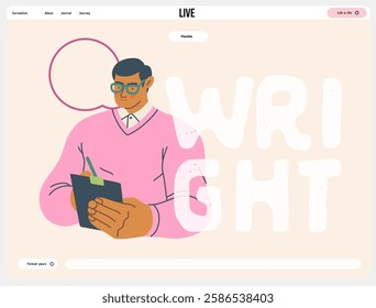 Writing people, modern flat vector concept illustration- standing man thoughtfully writing on clipboard, bubble near head Metaphor for reflection, personal insight, contemplation, creative expression