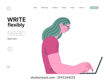 Writing people, modern flat vector concept illustration- sitting woman thoughtfully writing on laptop. Metaphor for reflection, personal insight, contemplation, creative expression