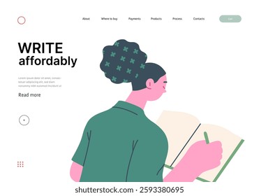 Writing people, modern flat vector concept illustration- sitting woman thoughtfully writing on notebook. Metaphor for reflection, personal insight, contemplation, creative expression