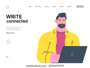 Writing people, modern flat vector concept illustration- sitting man thoughtfully writing on laptop. Metaphor for reflection, personal insight, contemplation, creative expression