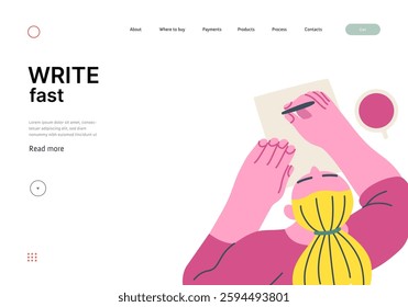 Writing people, modern flat vector concept illustration- sitting woman thoughtfully writing on paper, top view. Metaphor for reflection, insight, contemplation, creative expression