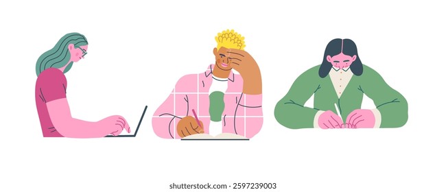 Writing people, modern flat vector concept illustrations set people writing on paper or device. Metaphor for reflection, insight, contemplation, creative expression