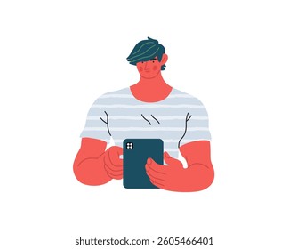Writing people, modern flat vector concept illustration- standing man thoughtfully writing on tablet. Metaphor for reflection, personal insight, contemplation, creative expression
