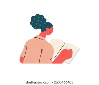 Writing people, modern flat vector concept illustration- sitting woman thoughtfully writing on notebook. Metaphor for reflection, personal insight, contemplation, creative expression