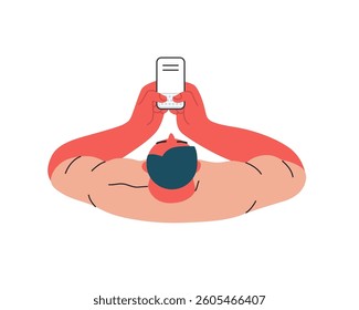 Writing people, modern flat vector concept illustration- sitting man thoughtfully writing on laptop, top view. Metaphor for reflection, insight, contemplation, creative expression