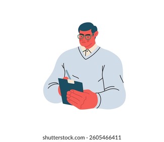 Writing people, modern flat vector concept illustration- standing man thoughtfully writing on clipboard. Metaphor for reflection, personal insight, contemplation, creative expression