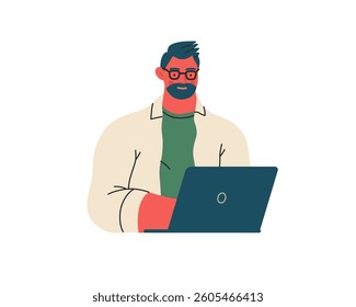 Writing people, modern flat vector concept illustration- sitting man thoughtfully writing on laptop. Metaphor for reflection, personal insight, contemplation, creative expression